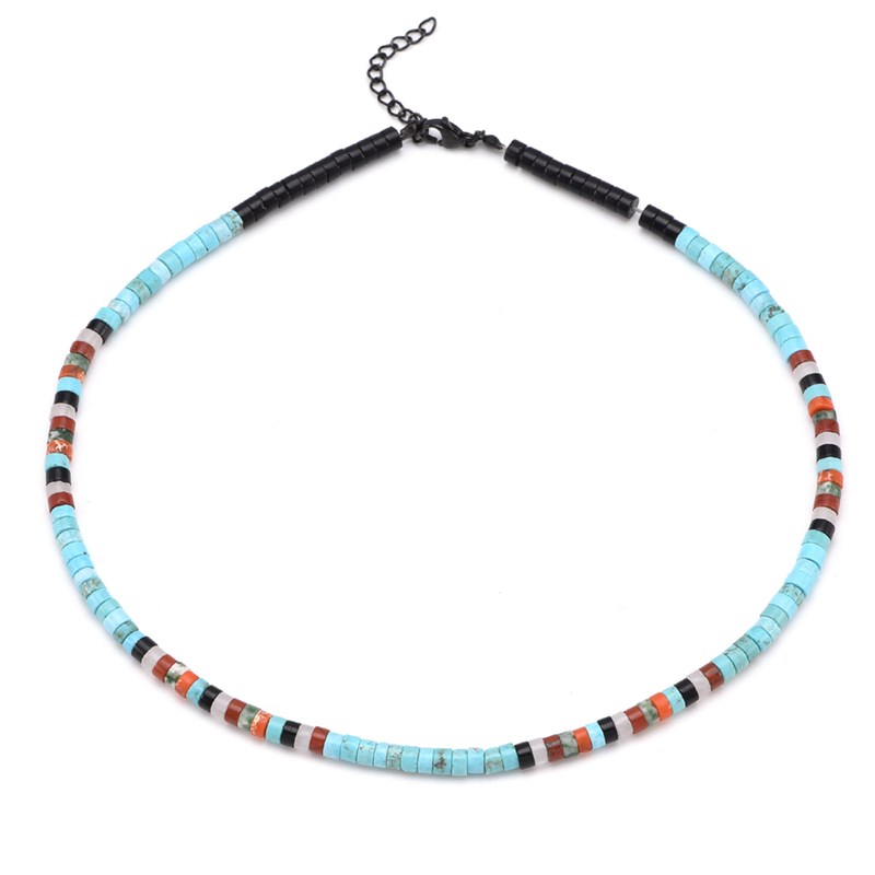 Collier Perles Heishi Agate Noir Jaspe Rouge Turquoise Jaspe Blanc Et Vert-45 cm