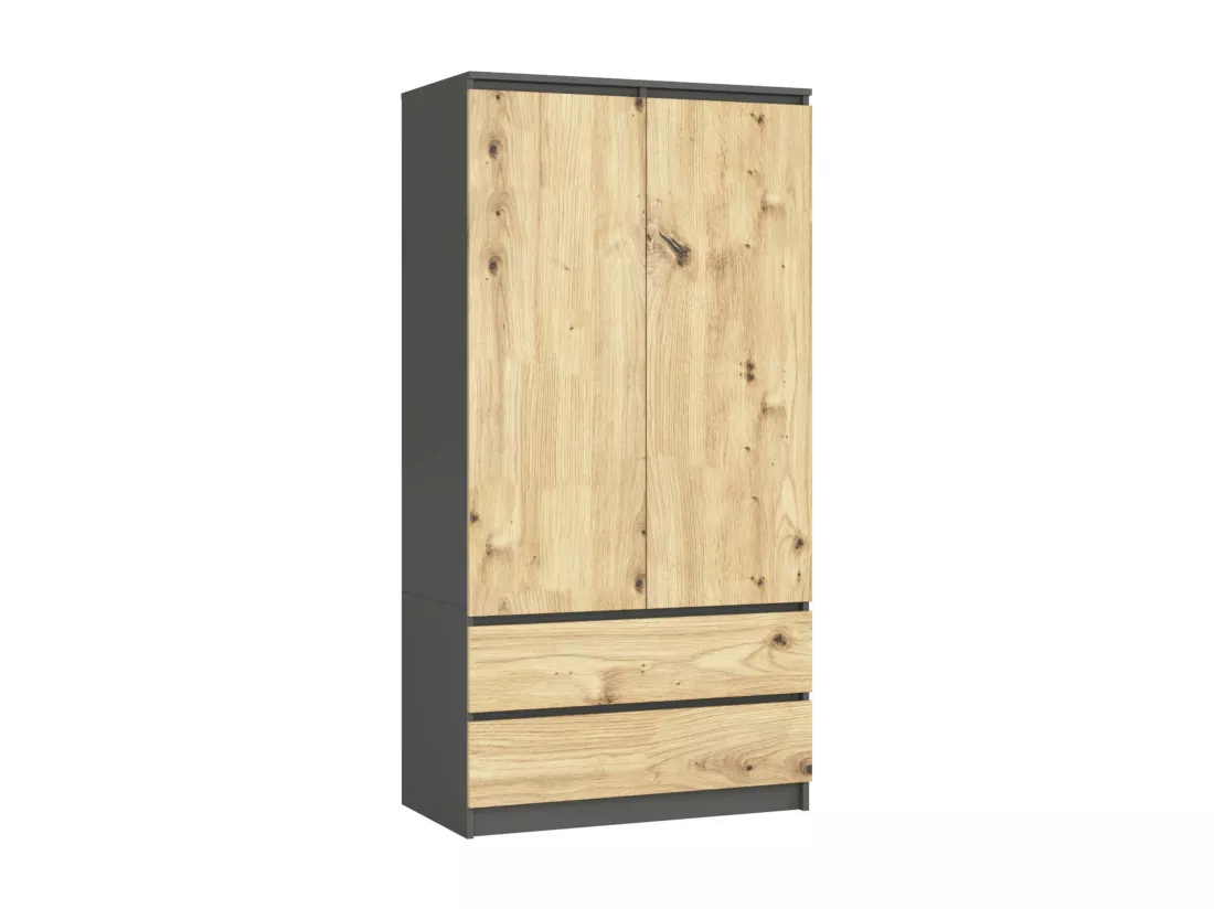 Armoire AKORD S90 Gris Graphite 90 cm 2 portes 2 tiroirs façade Chêne Artisan 4 étagères 90x51x180 cm