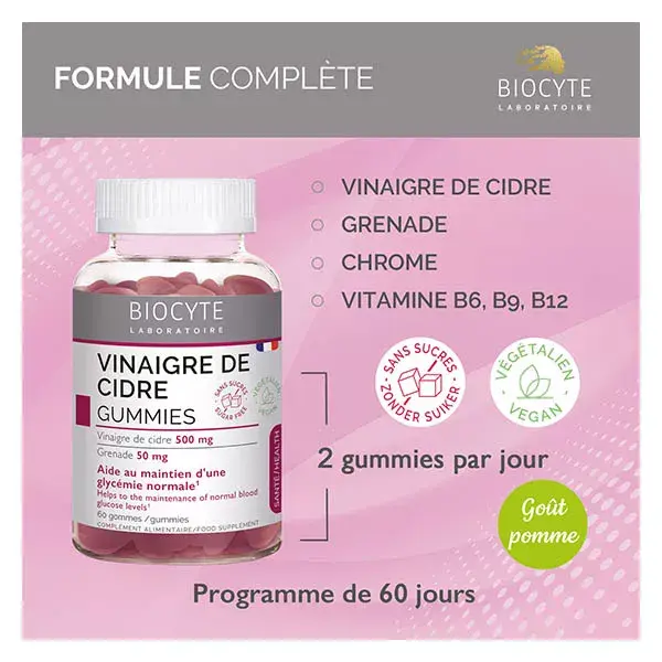 Biocyte Gummies Vinaigre de Cidre de Pomme Digestion, Taux de Sucre 60 gummies
