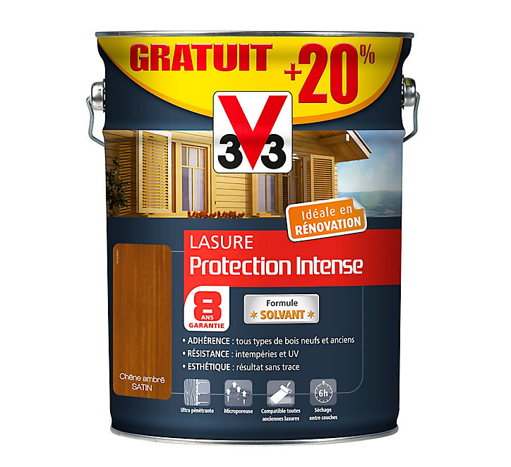 Lasure extérieure V33 Protection intense chêne ambré satiné 5L + 20% gratuit