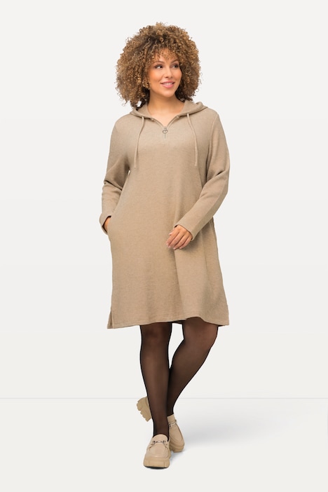 Sweat-Midikleid, Waffelstruktur, Glitter, Kapuze, Langarm