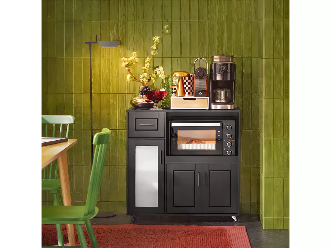 SoBuy FSB78-SCH Meuble Micro-Ondes Buffet Commode sur roulettes Armoire avec 3 Portes, 1 Tiroir, 1 Compartiment, pour Cuisine, Salle à Manger, Salon