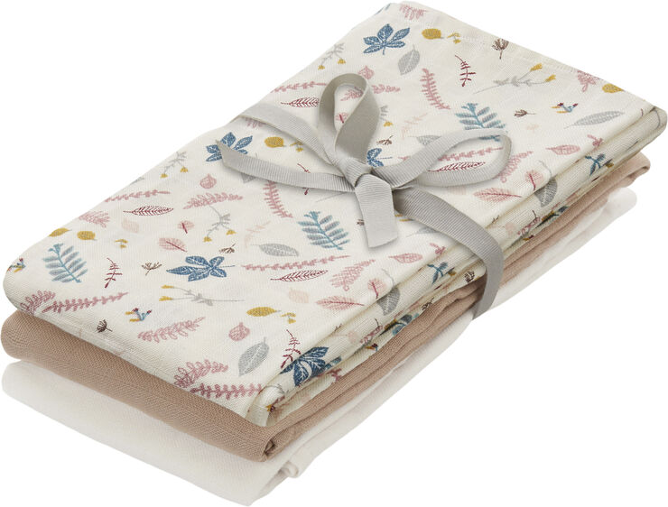 Cam Cam Copenhagen Muslin Cloth, 3-pack - GOTS Mix Pressed Leaves Rose, Dusty R Pressed leaves rose, dusty rose, creme white