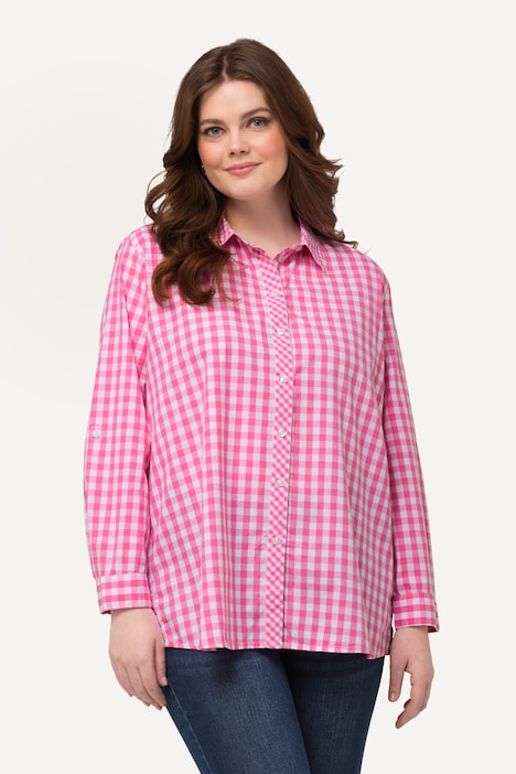 Hemdbluse, Karo, Hemdkragen, Langarm, Krempelriegel
