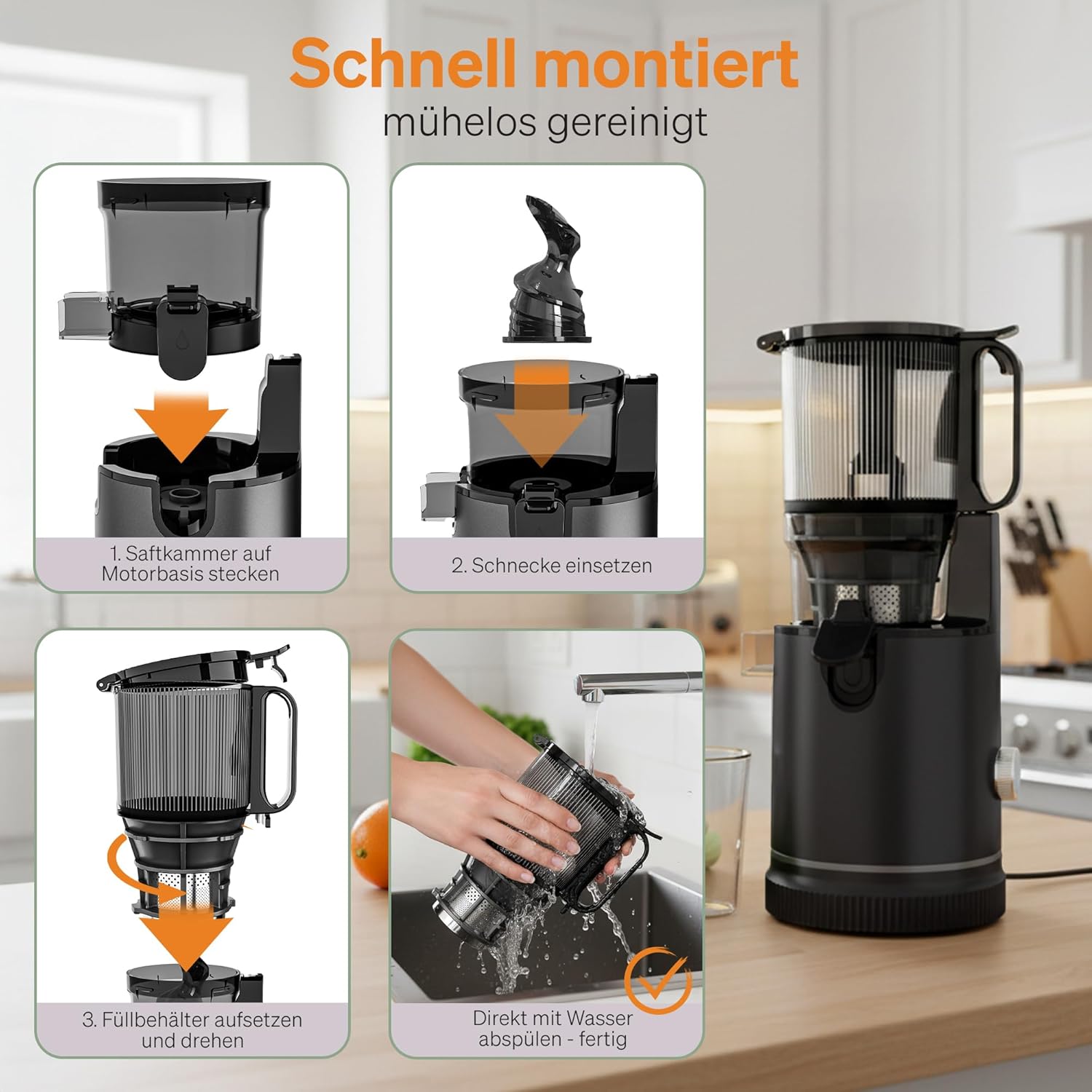 Entsafter Slow Juicer - Entsafter Gemüse und Obst Testsieger - 130 mm XXL Einfüllschacht, 1,8 L Füllvolumen, Juicer Machine mit 2 Gläsern, 3-fach Edelstahl-Filter, einfache Reinigung, 250W