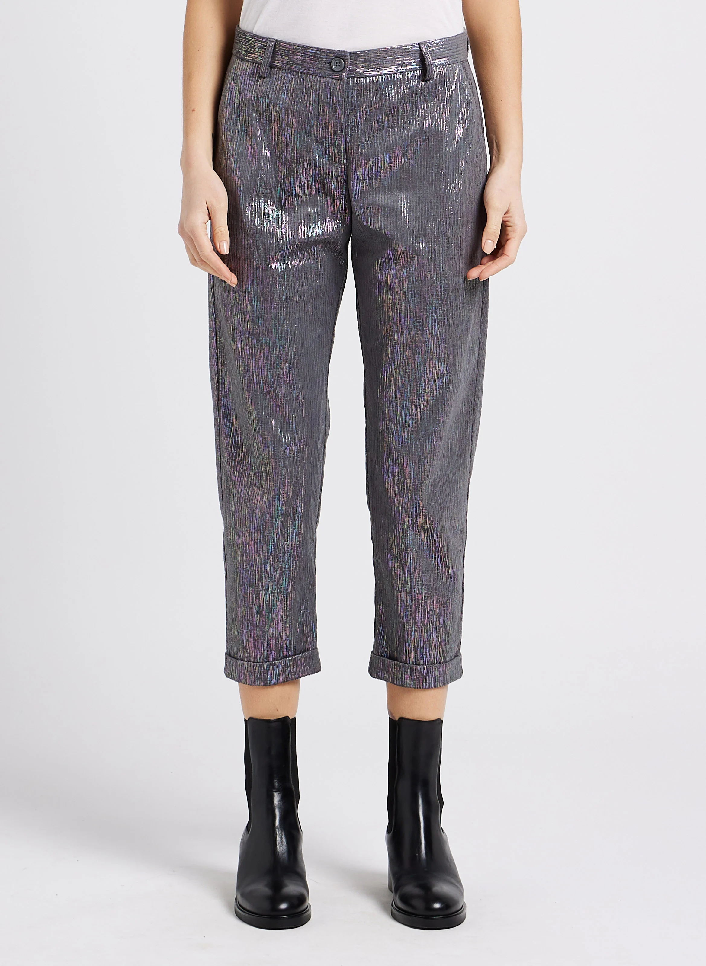 Pantalon chino en velour côtelé et fil lurex multicolor | Gris