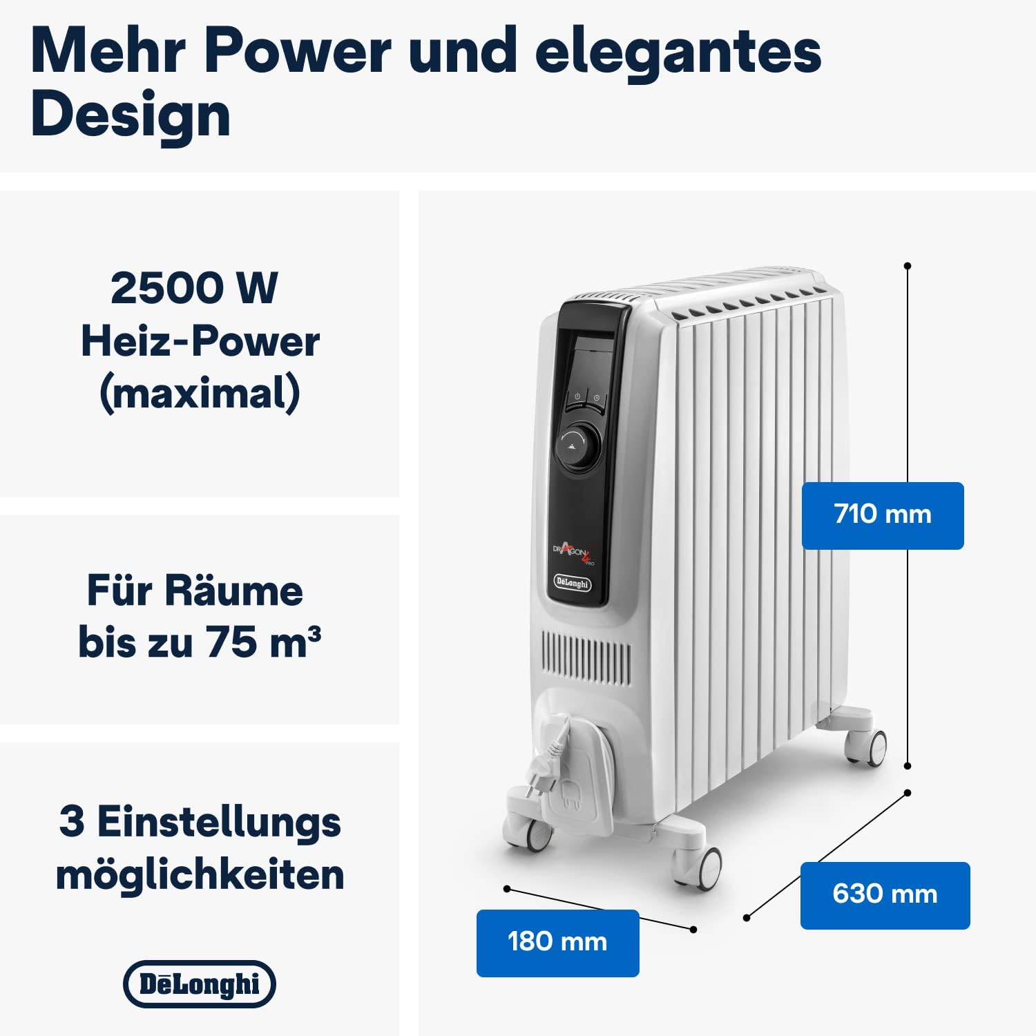 De'Longhi Dragon 4 Pro TRDX41025E Radiator, klassischer Ölradiator mit 3 Leistungsstufen, 24-h-Timer, Frostschutz- und Eco-Funktion, Sicherheitsthermostat, 2500 Watt, Weiß