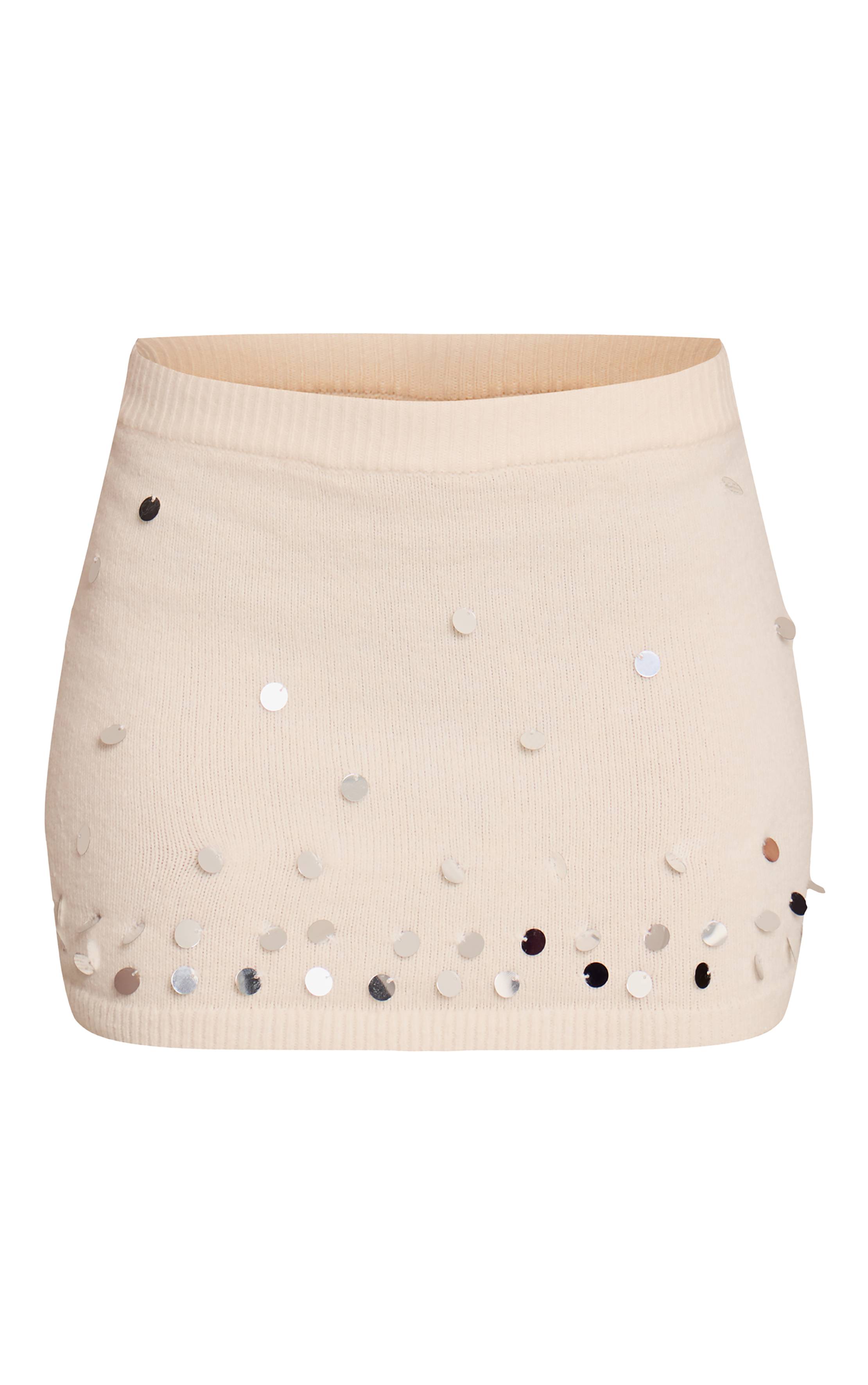 Crème Mini-jupe En Maille Avec Détails De Sequins