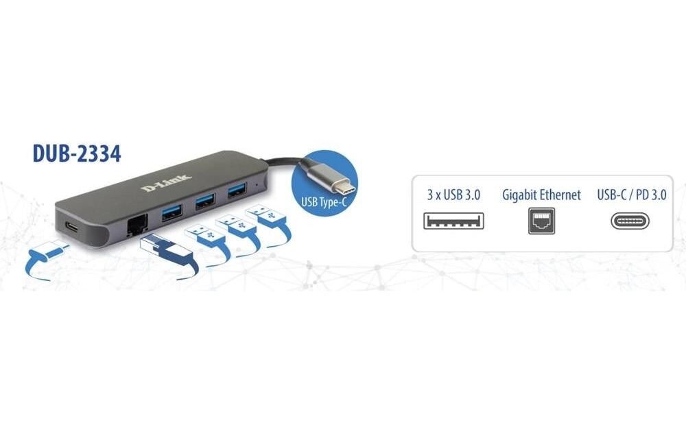 Dockingstation DUB-2334 USB-C Hub USB Typ-A/USB Typ-C5-In-1 USB-C Hub mit Gigabit-Ethernet/Stromversorgung