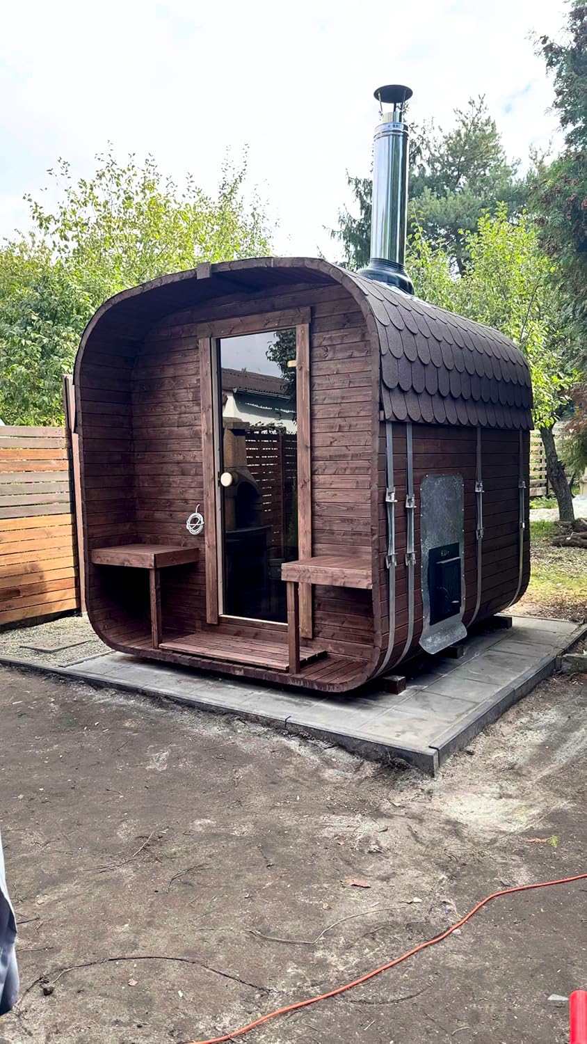 2QL Fasssauna Gartensaunas Garten Outdoor Sauna aus Fichtenholz – Verschiedene Größen (4–6 Personen) – mit Holzofen ETNA
