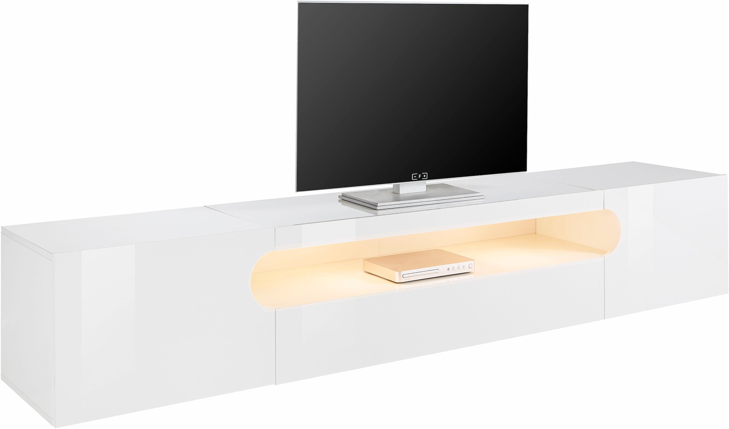 INOSIGN Lowboard »REAL TV-Möbel, 240 cm breit, 40/60 cm hoch, Hochglanz oder matt« mit 2 abgerundeten Türen, 1 Klappe, die ein ovales offenes Fach bilden