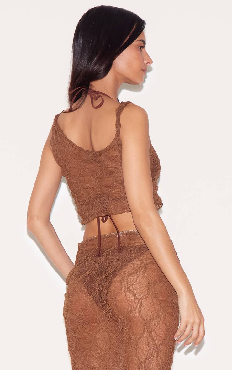 Chocolat Haut De Plage Asymétrique En Mesh Texturé Avec Détail Noué