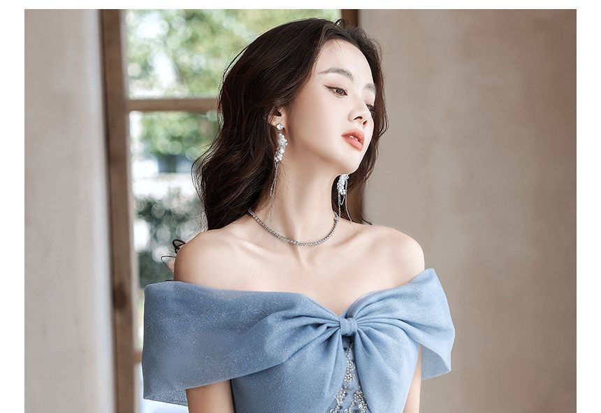 Saunderoll - Off-shoulder A-lijn avondjurk met pailletten / midi-jurk