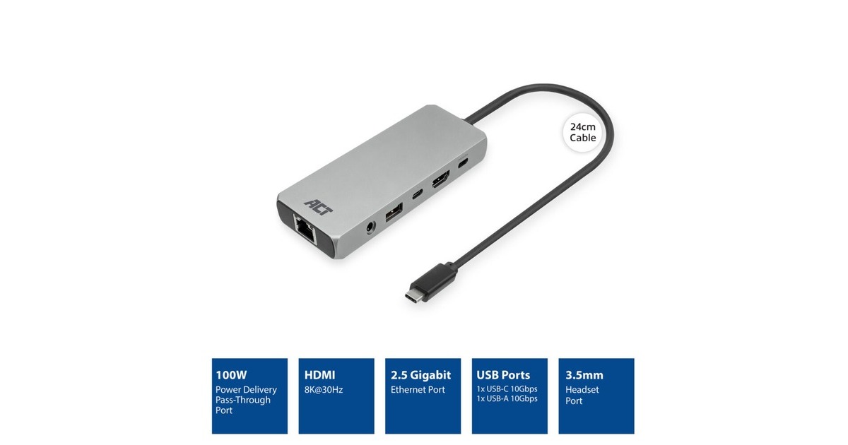 ACT ConnectivityUSB-C 4K / 8K 60Hz dockingstation  (Grijs)