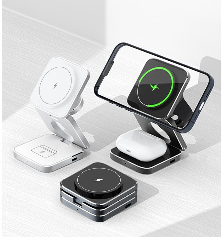 (15W) 3in1 MagSafe Ladegerät Qi Wireless Charger Faltbarer Ladeständer für Apple Watch / Smartphone / AirPods - Schwarz