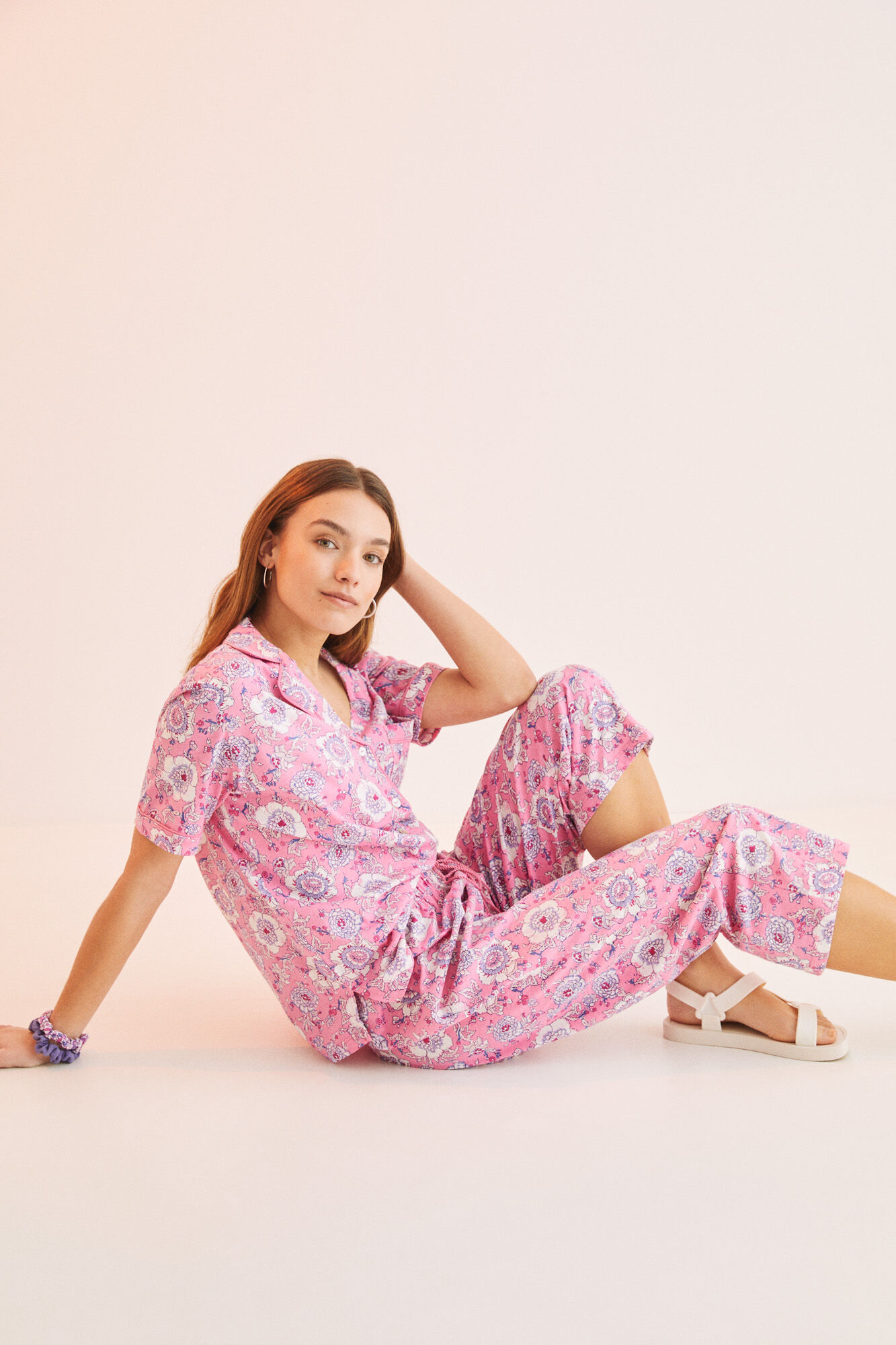 Pijama estilo camisa rosa estampado, 100% algodão - rosa