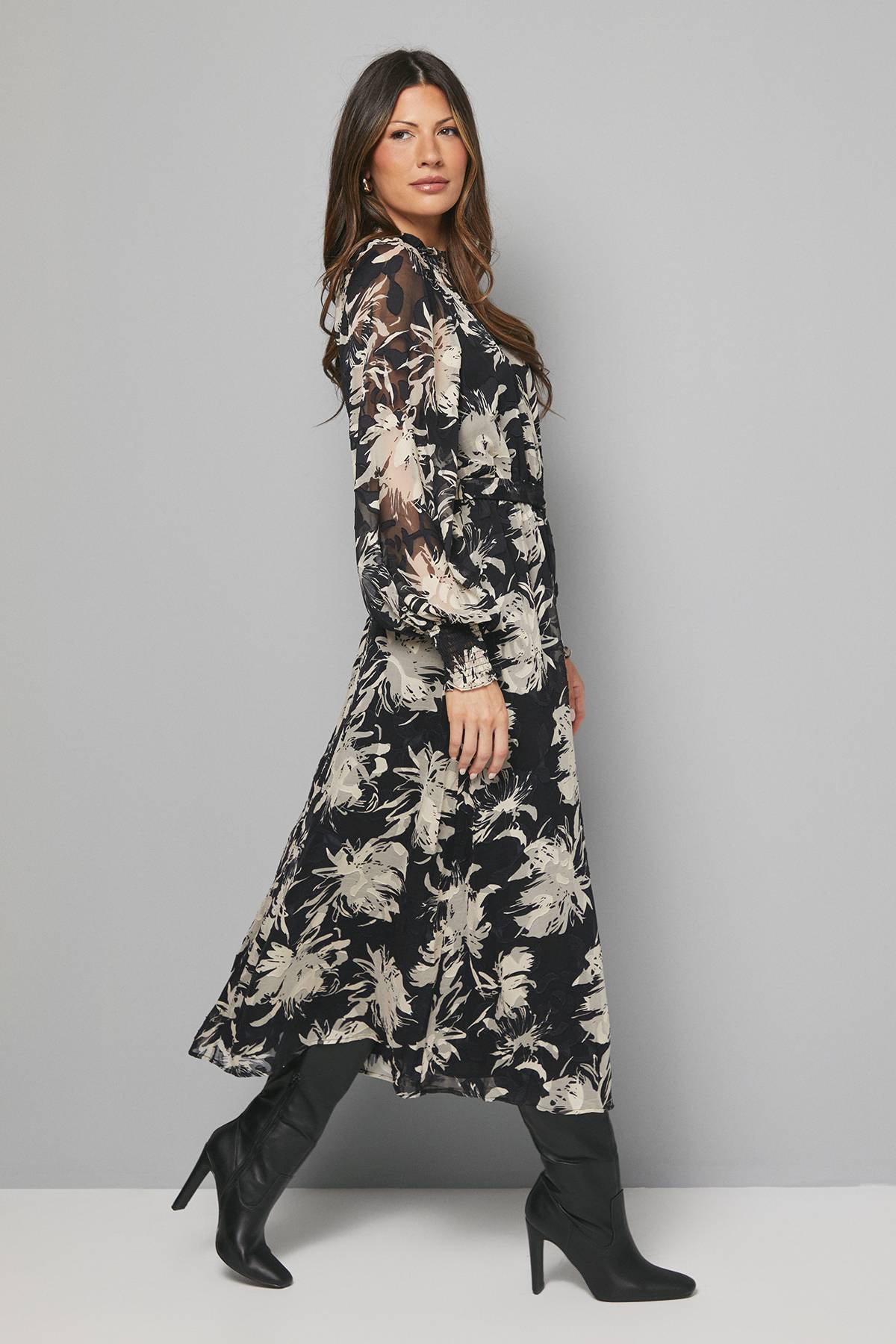 Wallis Robe Midaxi Froncée à Motif Floral Dévoré Noir