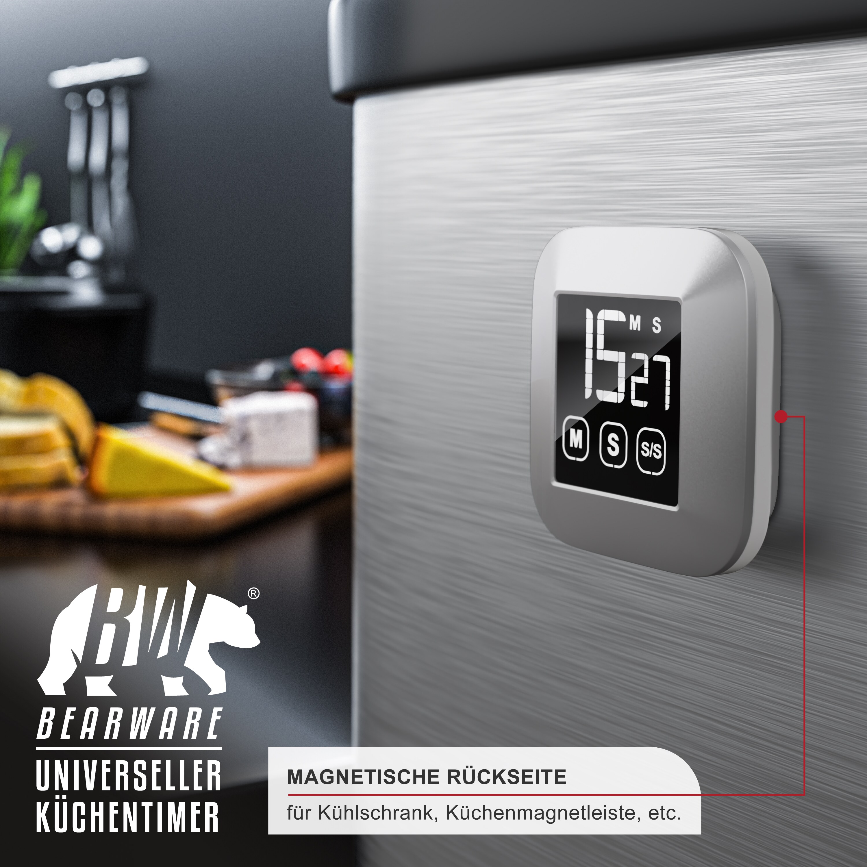BEARWARE Küchentimer digital - Küchenwecker Eieruhr - digital mit 3 x Touchbutton - LCD Display - Countdown und Countup bis 99 Minuten - Uhrzeit