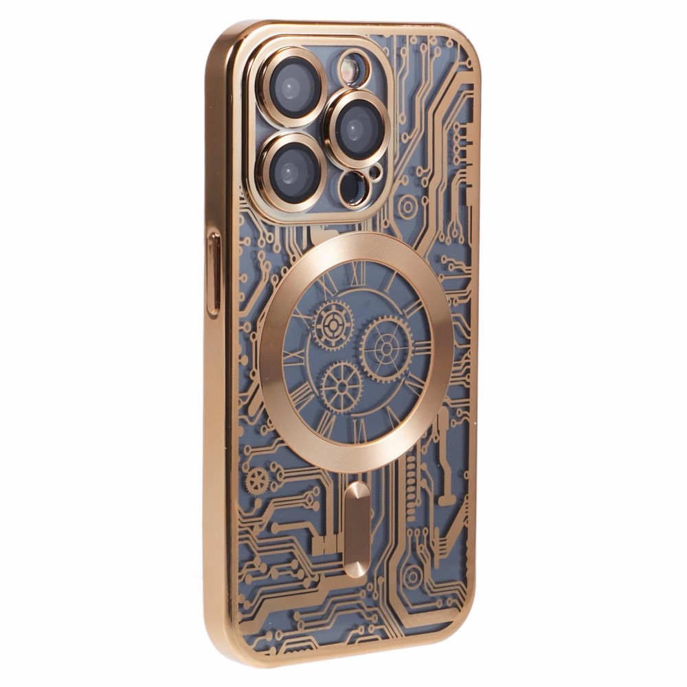 iPhone 15 Pro Max MagSafe Gummi Case Hülle Galvanisierter Rahmen im Mechanischen Zahnrad Design   Kameraglasschutz - Gold