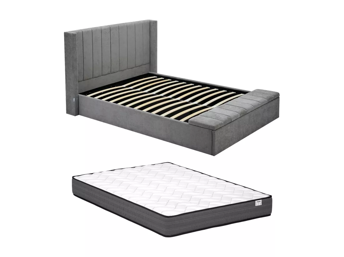 Lit coffre 160 x 200 cm avec banc - Tissu - Gris + Matelas - DOUINO