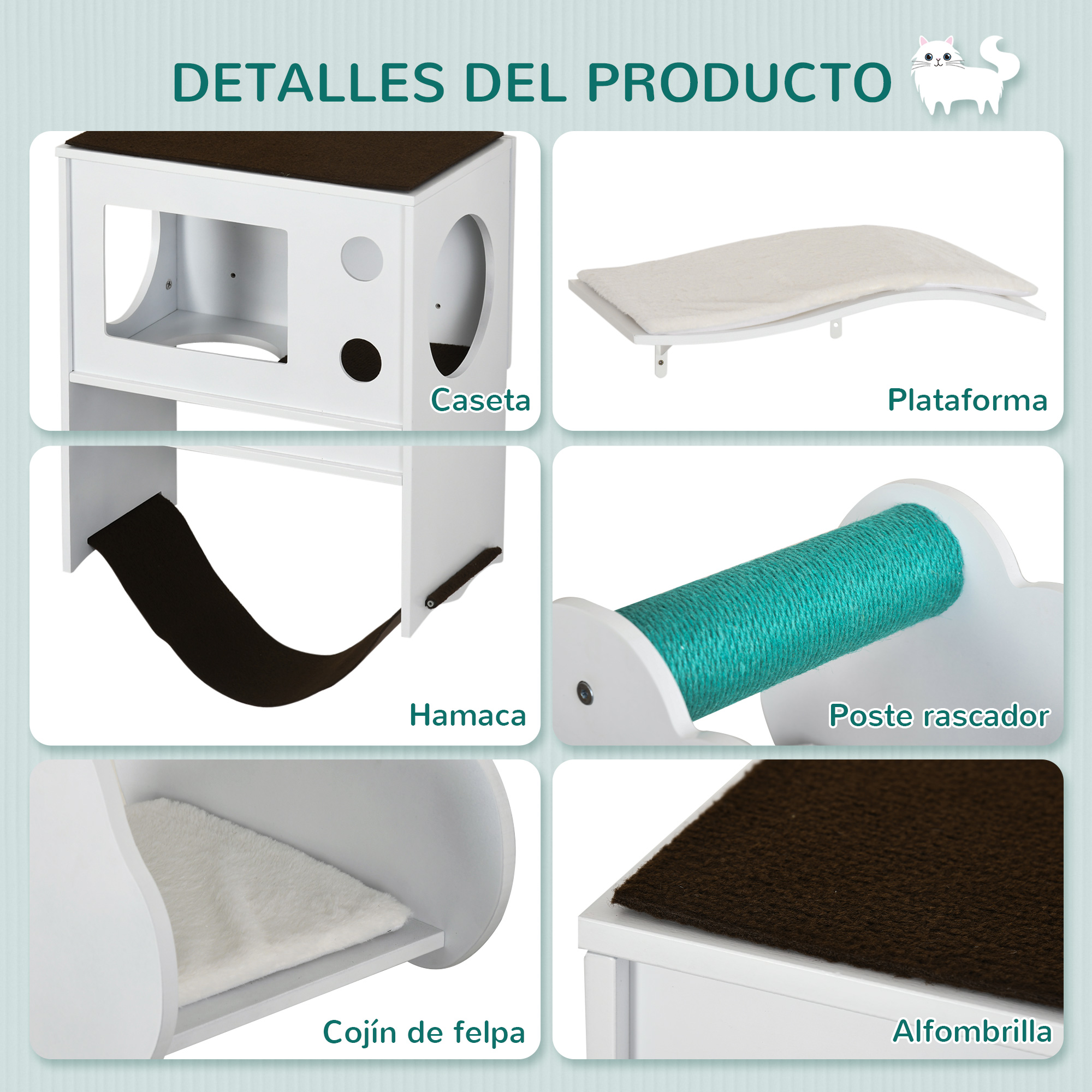 Conjunto de 3 Prateleiras de Parede PawHut para Gatos, Móveis de Parede para Gatos, Centro de Atividades para Gatinhos com Casinha, Plataformas, Rede, Poste de Sisal e Almofadas Macias, Branco