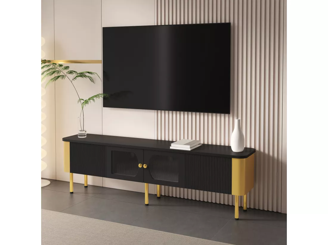 Meuble TV avec 2 portes et 2 tiroirs - 170 x 34 x 50 cm - Bois MDF - poignées et pieds dorés - Noir