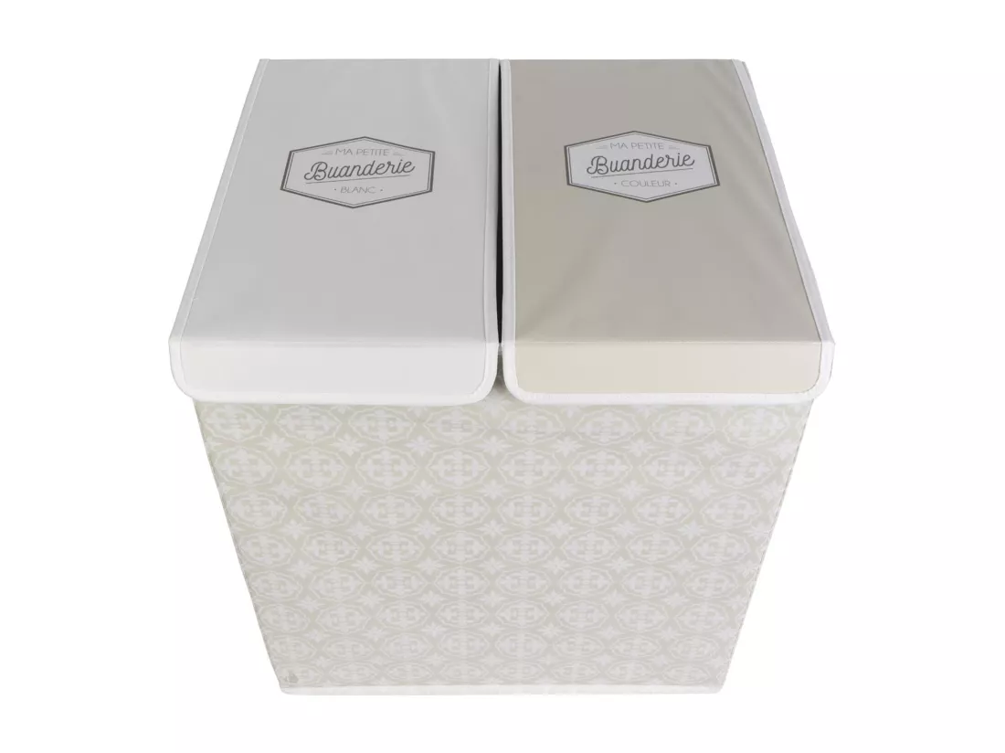 Panier de linge double en polyester BOMBAY pliable motif damassé beige