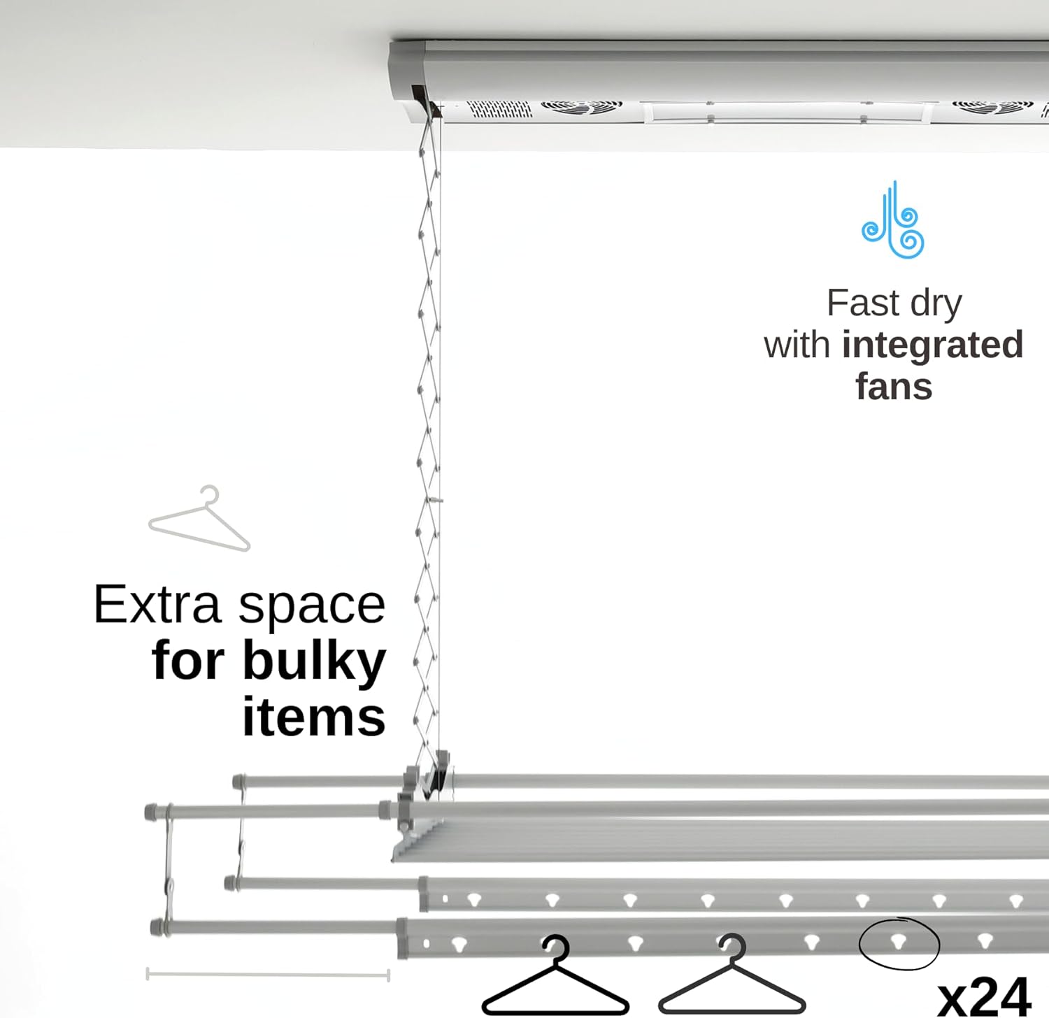 Foxydry Air, Elektrischer Wäscheständer für Wand und Decke mit Ventilator und Fernbedienung, aus Aluminium und Stahl (160 cm)