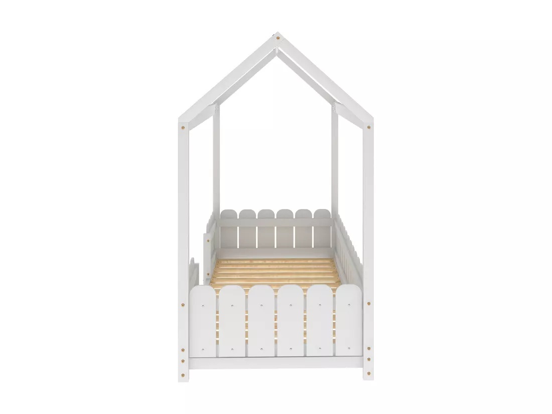Lit cabane 90x200 cm - Avec protection antichute - Blanc - Sweiko