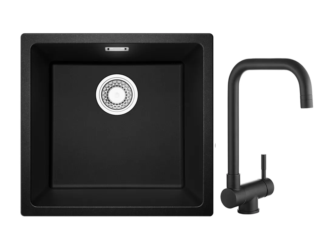 CECIPA MAX Evier 1 Bac en Quartz et Résine Noir Gris 45*44*20cm + Mitigeur Rabattable Noir Robinet Pliable Mitigeur Sous Fenêtre