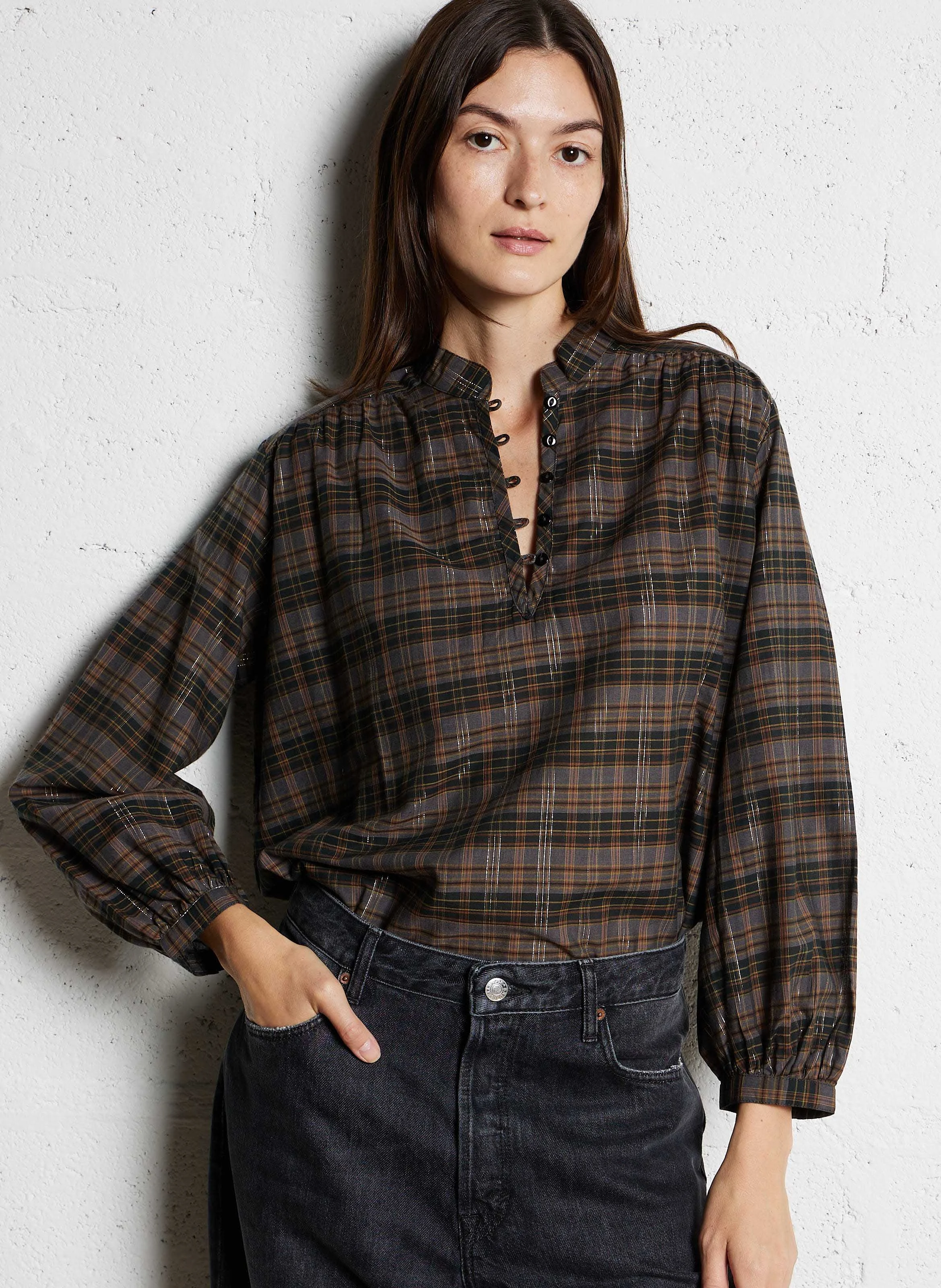 VOLZI - Blouse à carreaux en coton mélangé | Marron