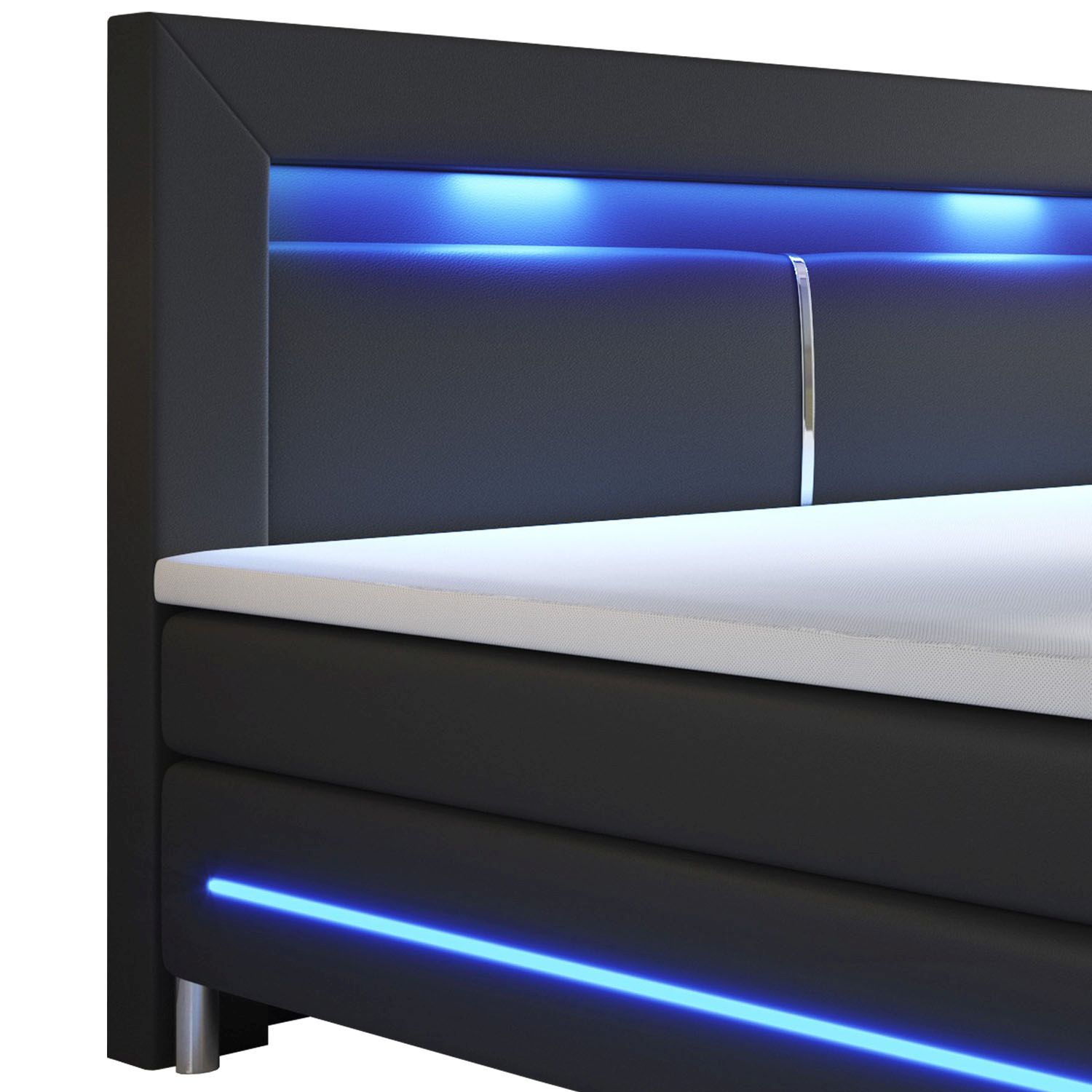 Juskys Boxspringbett Norfolk 140 x 200 cm – LED Beleuchtung, Bonell-Matratzen & Topper - schwarz