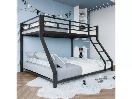 Lit superposé 90x200 + 140x200 cm - avec barrières - avec échelle de sécurité - métal - noir (sans matelas)