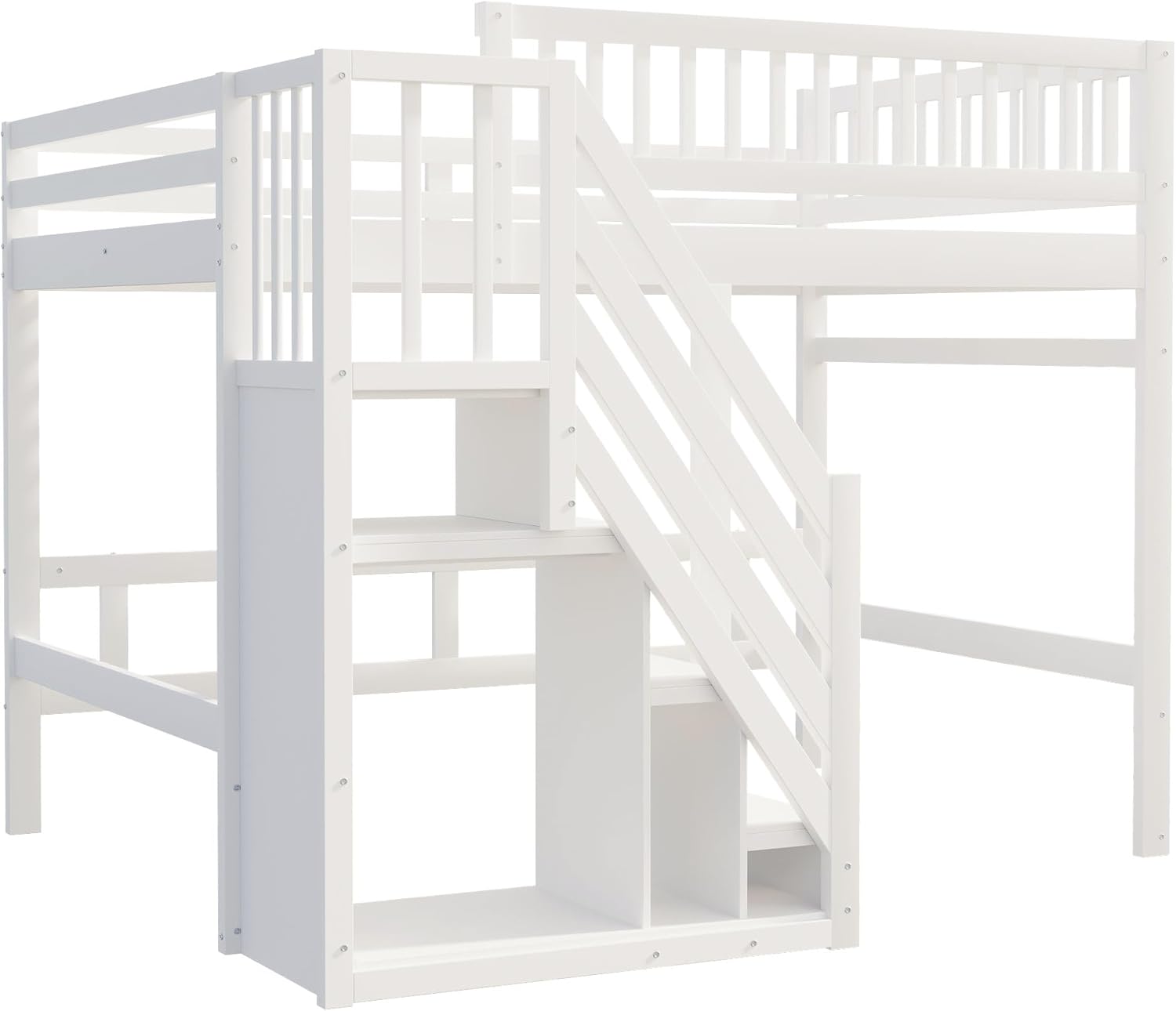 Kinderbett Etagenbett 140x200 cm, Hochbett mit Treppe und Stauschrank, Multifunktionsbett Doppelbett Stockbett Spielbett Kinderhochbett Jugendhochbett mit Lattenrost, Massivholz, Ohne Matratze, Weiß