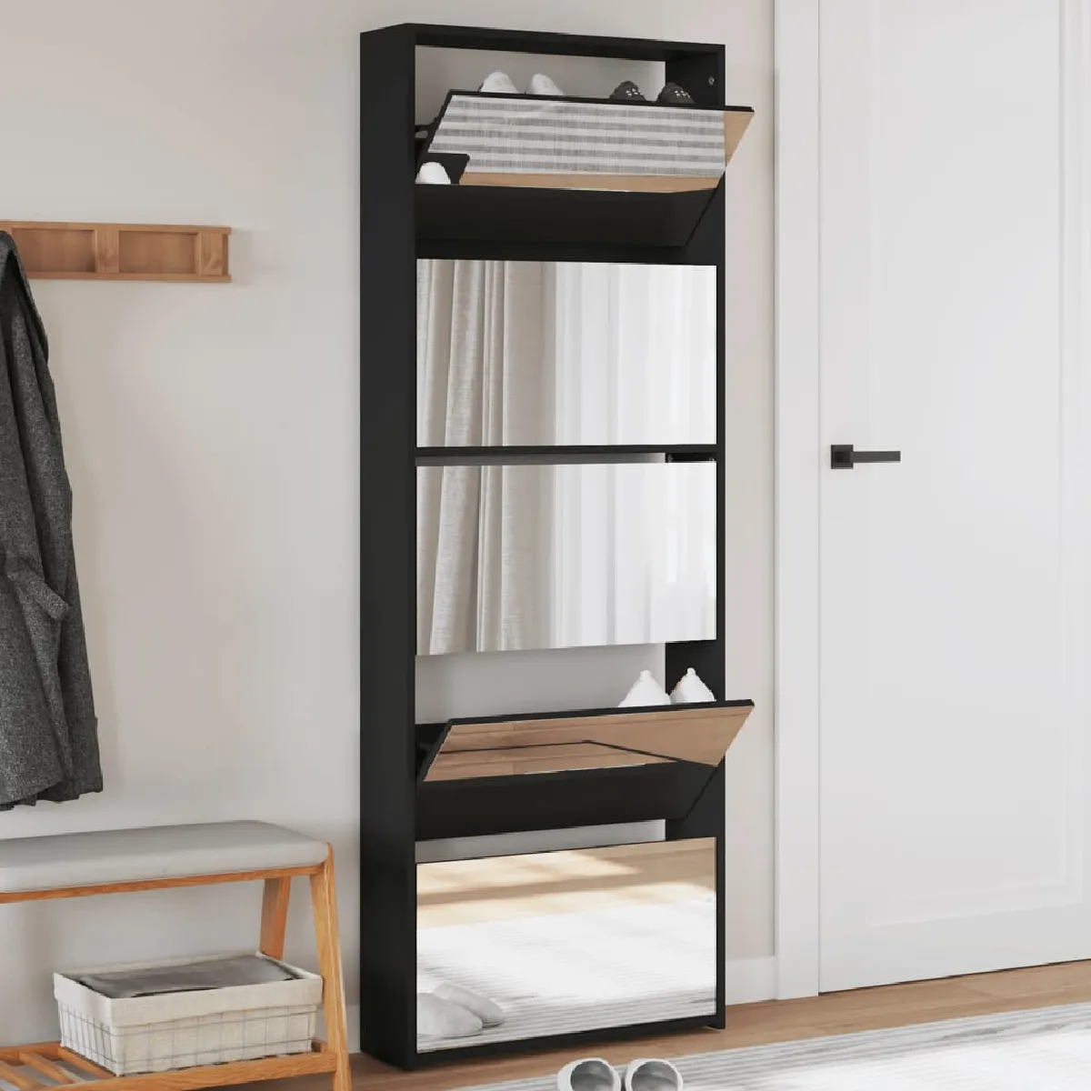 vidaXL Armoire à chaussures avec miroir - Noir