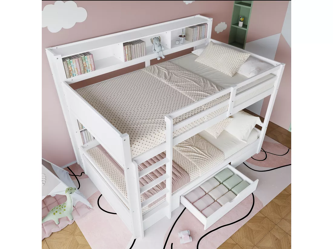 Lit superposé pour enfant 2x90x200cm - avec un tiroir et compartiments - Blanc