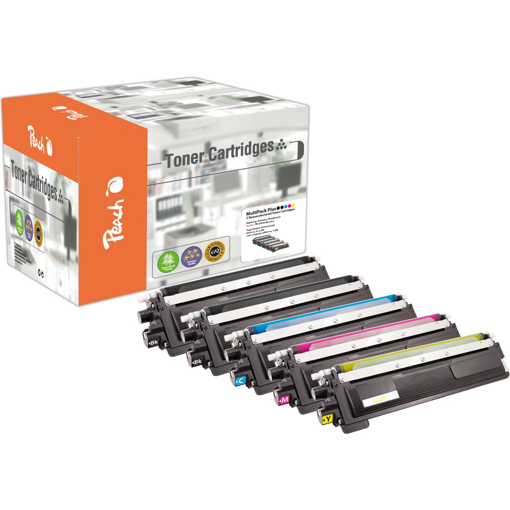 Peach B2305 Toner (2*bk, c/m/y) ersetzt Brother TN-230 für z.B. Brother DCP -9010 CN, Brother HL -3000, Brother HL -3040 CN (wiederaufbereitet)
