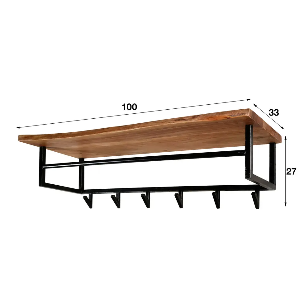 Industriële Kapstok Niels Hoedenplank acaciahout - 33x100x27 cm - Hout - Bruin