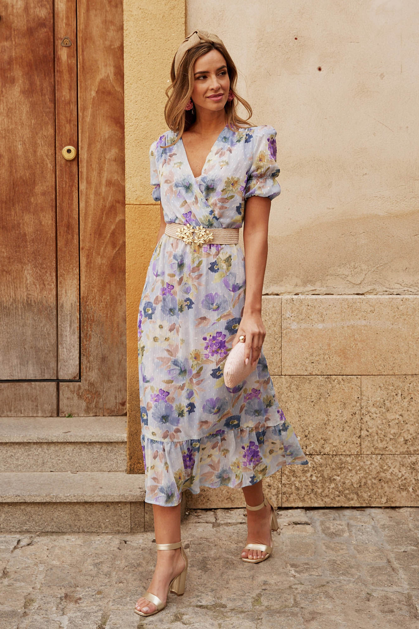 Vestido envelope com laço em azul claro - Azul