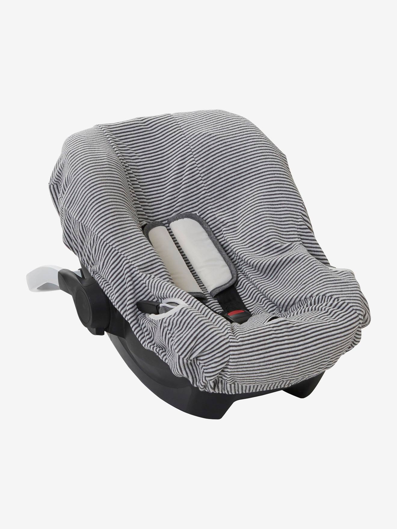 Capa elástica para cadeirinha de carro tipo ovo, tamanho 0+ médio, branca com listras.