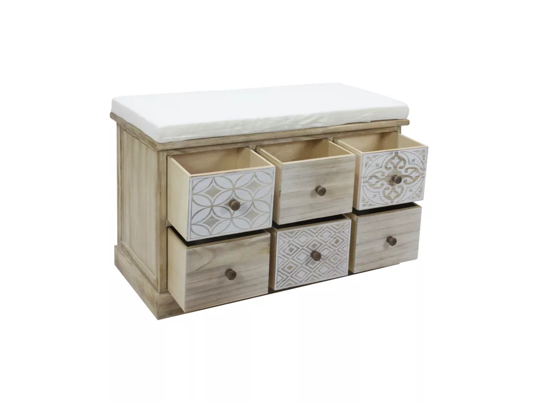 Banc Commode Beige 6 Tiroirs Assise Rembourrée 49x77,5x35