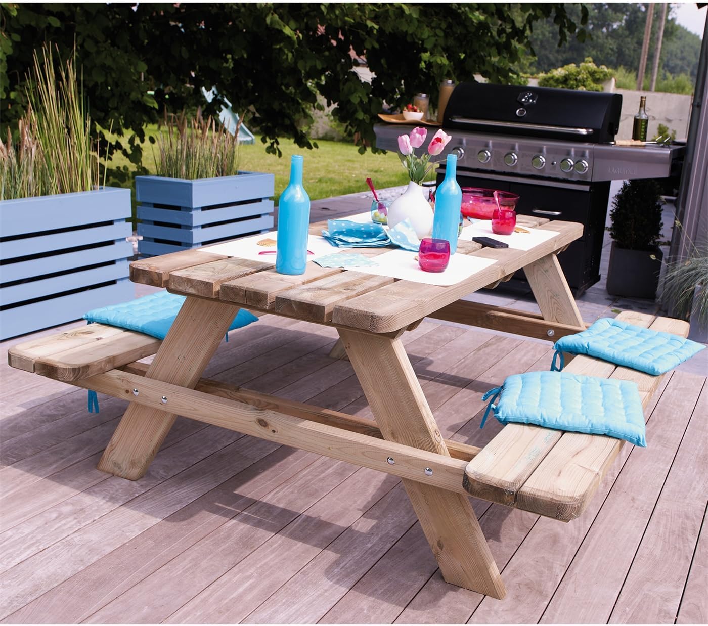 VOSS.garden Picknickbank 180 x 165 x 70cm, 6 Personen, Picknicktisch, Holzbank, Sitzbank, Gartenbank, Sitzgarnitur, Brettstärke 45mm
