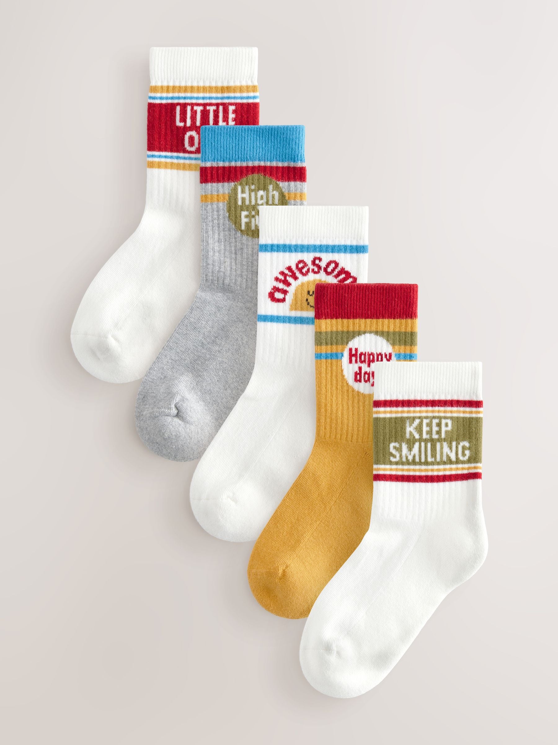 Ecru/mosterd/rood retro slogan - Verpakking van 5 paar sokken met rijke print