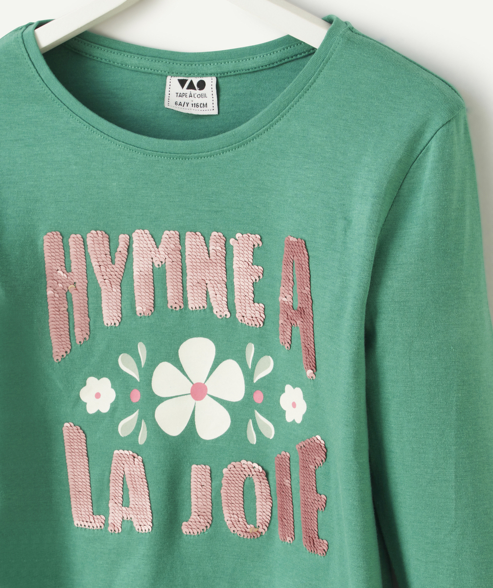 T-SHIRT FILLE EN COTON BIO VERT AVEC MESSAGE EN SEQUINS RÉVERSIBLES