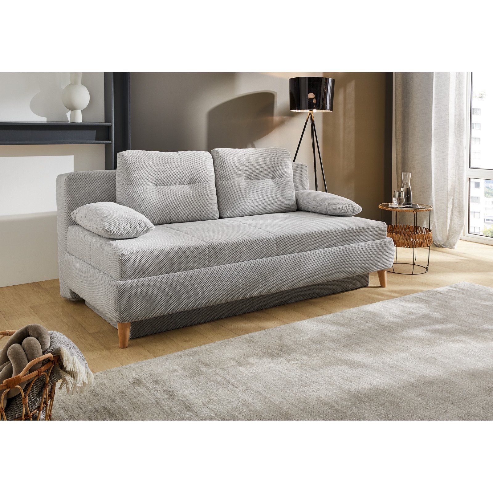 Bettsofa Famosa Stoff Punktcord hellgrau, Bettkasten