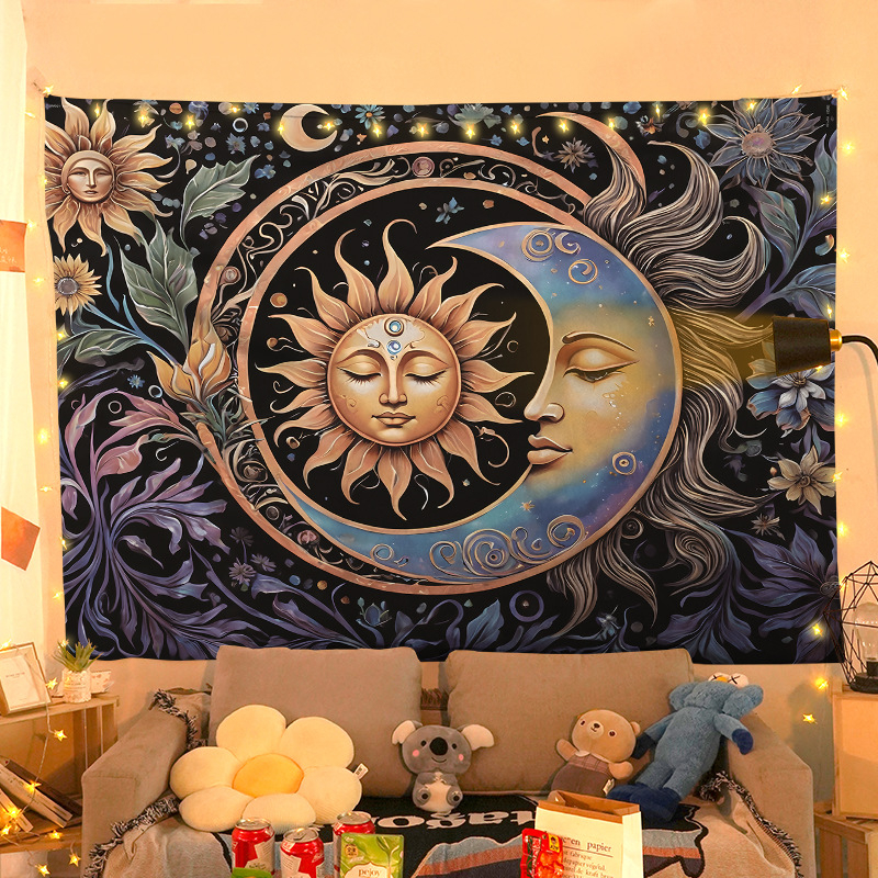 (150x130cm) Wandteppich Sonne Mond Florales Boho Mandala Tuch Home Deko für Wohnzimmer / Schlafzimmer - Bunt