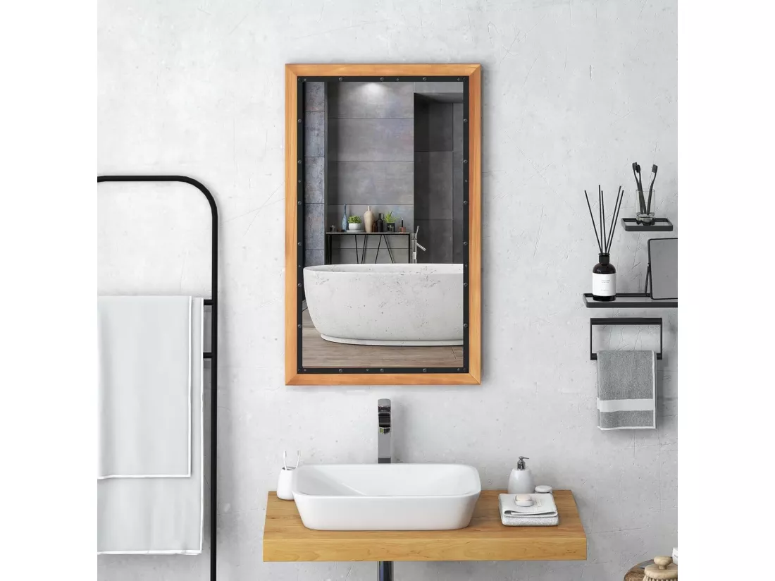 Miroir mural rustique avec cadre en bois de sapin, 50 x 90 cm (style 1)
