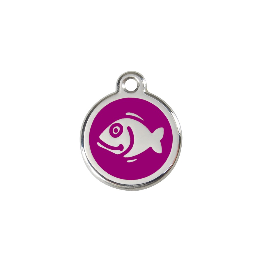 Etiqueta de identificação para gatos em aço inoxidável esmaltado com desenho de peixe roxo.
