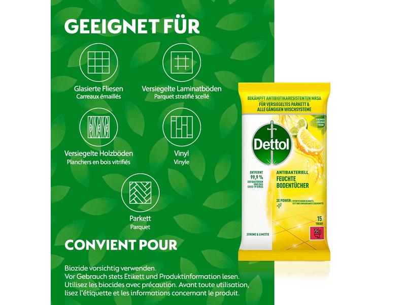 Dettol Feuchte Bodentücher Zitrone & Limette 15 Stück Feuchte Tücher zur Reinigung des Bodens