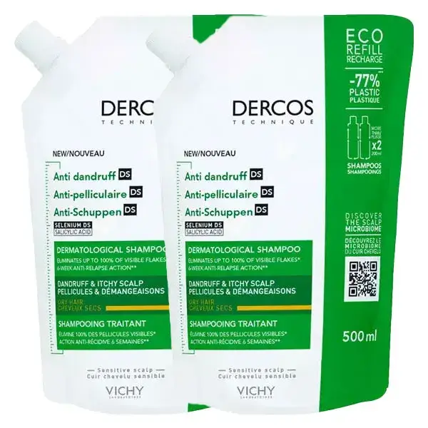 Shampoo Anticaspa Vichy Dercos para Cabelos Secos 2x Refil Ecológico 500ml